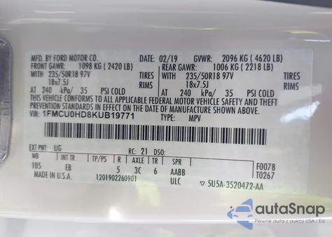 2019 Ford Escape Sel z USA, uszkodzony, nr VIN 1FMCU0HD8KUB19771